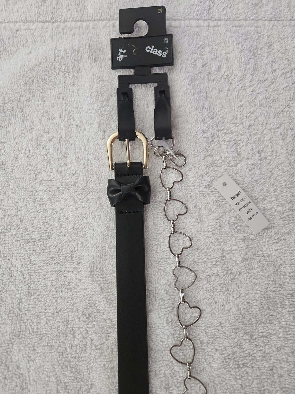 Art Class Girls Black Faux Leather Bow Belt Detachable Silver Heart Chain Size M